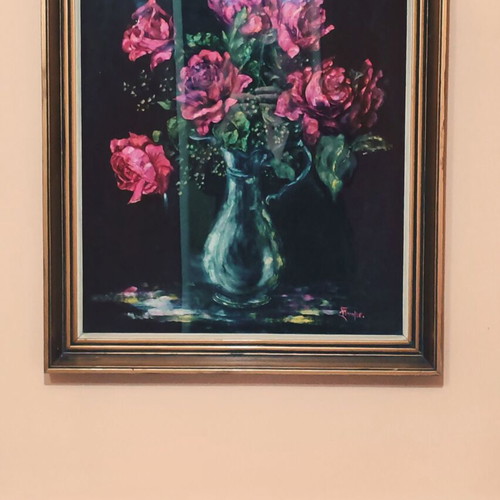 Oil painting 'Bouquet of Roses' in solid frame with glass