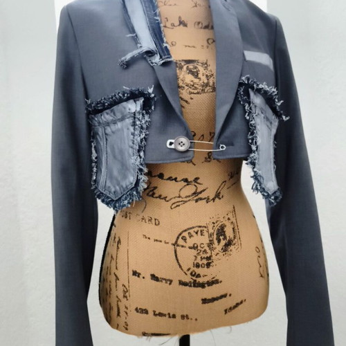 Handmade upcycled cropped blazer with denim details