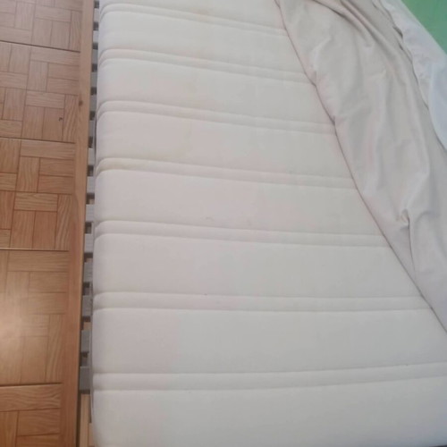 Wooden bed frame with foam mattress and 2 wall storage boxes, IKEA