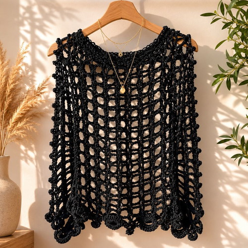 Crochet Mesh Top black, like new, boho and grunge style