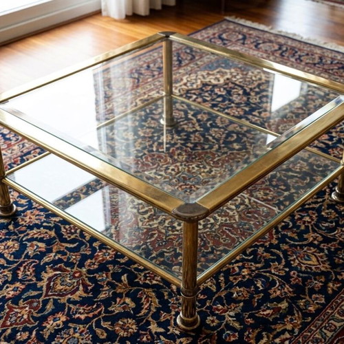 Hollywood Regency Neoclassical Revival coffee table used, brass frame