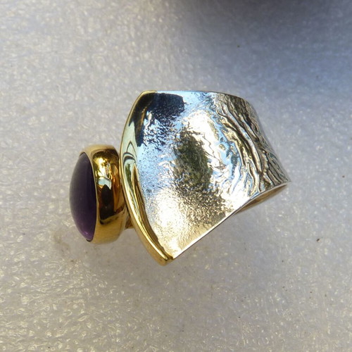 925 Silver Ring with Amethyst, Handmade, 24kt Gold Plated