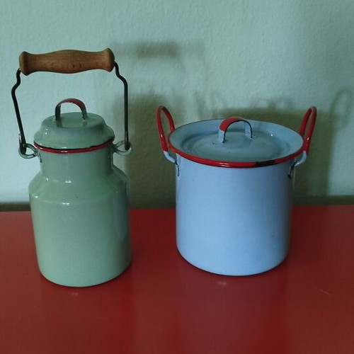 Vintage enamel containers, 1950s, blue and pistachio with red details