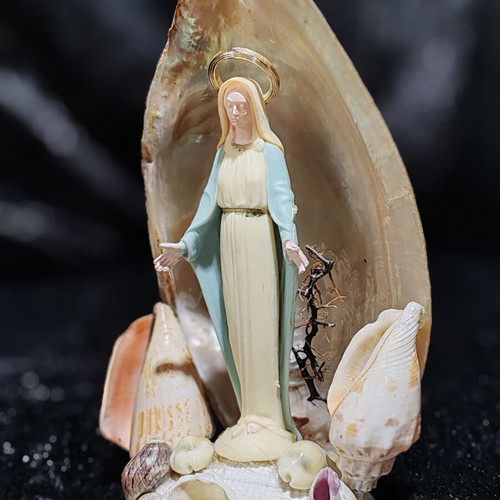 Handmade Virgin Mary statue with natural seashells