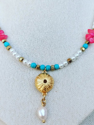 Summer handmade necklace with sea urchin element and pearl new
