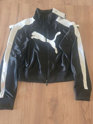 Puma crop top ζακέτα, μαύρο και άσπρο, γυαλιστερή υφή, μέγεθος M