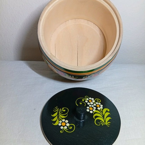 Vintage Russian Khokhloma wooden butter dish with hand-painted floral design