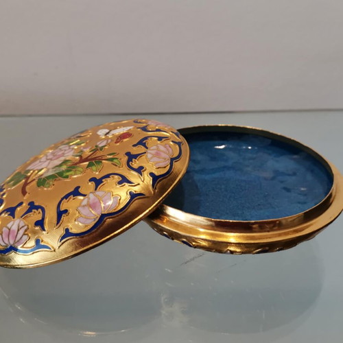 Cloisonne jewelry box used, gold tone with floral motifs and butterflies