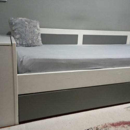 Sofa bed with storage, white and grey wood