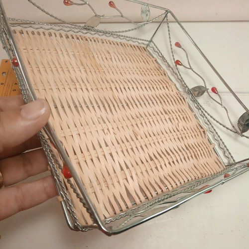 Metal basket with decoration of red beads and leaves like new