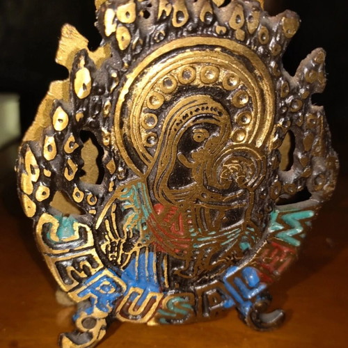 Vintage bronze Jerusalem decorative holder with enamel