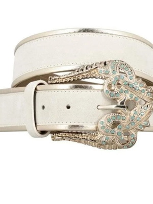 Pinko suede leather belt with statement buckle new, ivory and silver
