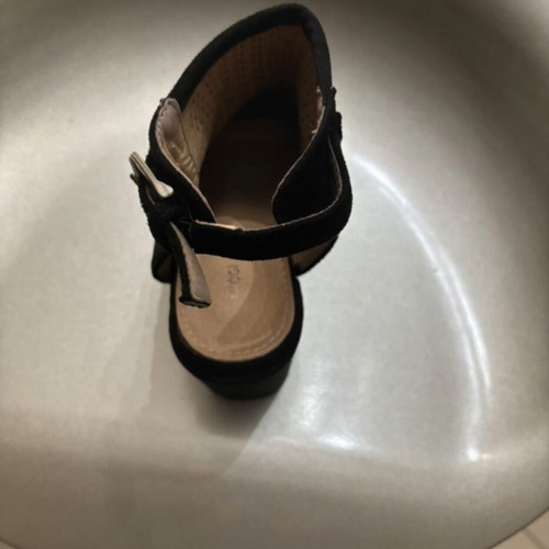 Black suede women's sandals with perforated details, size 37