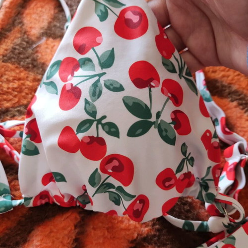 High-waisted swimsuit L with cherries like new, white and red