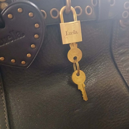 Luell leather handbag used, black with gold details