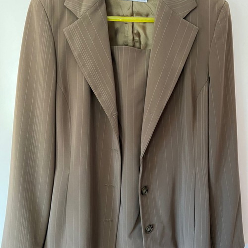 Celestino suit used, green with beige stripes, jacket and skirt set