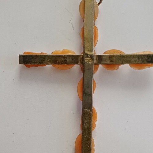 Antique cross pendant with 12 micro-cameos, natural shell & 800 silver