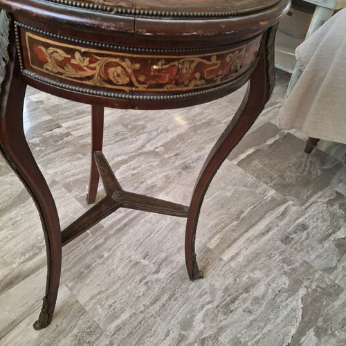 Vintage Louis XV style round table with Boulle marquetry, Italian mid-century