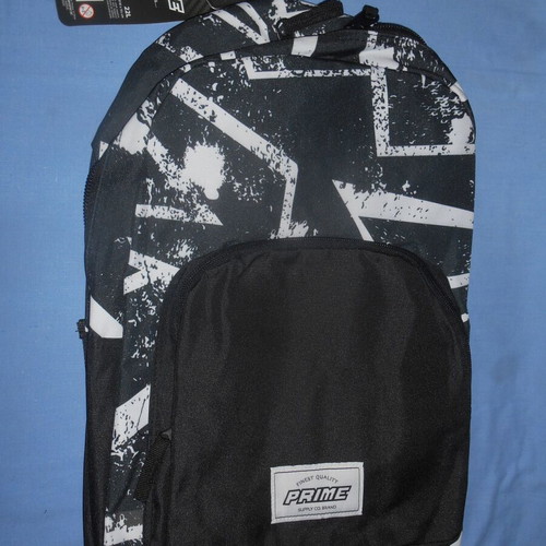Prime school backpack new, black with white patterns