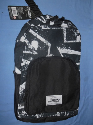 Prime school backpack new, black with white patterns