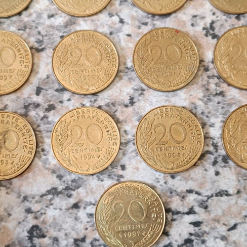 French coin collection used, 17 pieces 20 centimes 1981-1997