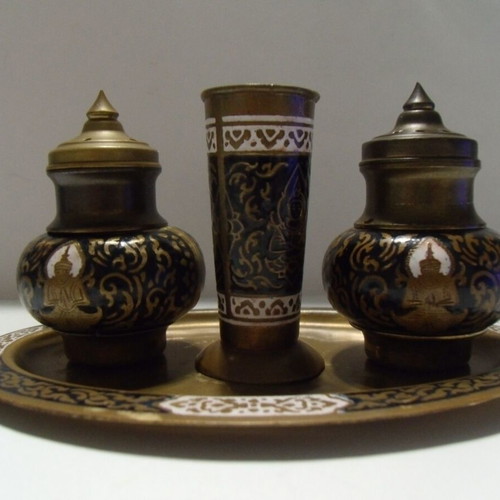 Old Metal Brass Salt Shaker Set with Stand used