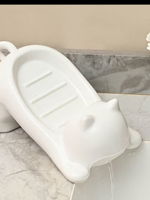 Cat-Shaped Soap Dish New, White Plastic with Drainage