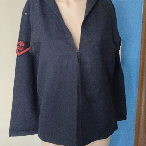 French Navy jacket used, vintage blue wool with red embroidery, size M