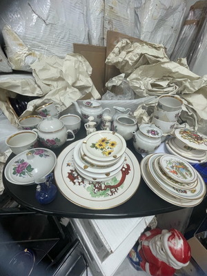 Vintage plates glasses cups and platters old, all together pack