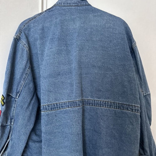 Women's oversized denim jacket with colorful patches