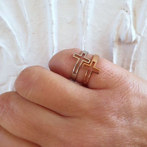 Cross ring women's new, steel with rose gold plating