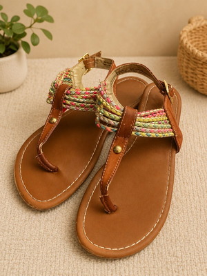 Παιδικά Boho σανδάλια μέγεθος 35 μεταχειρισμένα, πολύχρωμες πλεκτές λεπτομέρειες