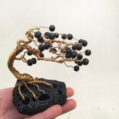 Wire bonsai tree with volcanic lava stone new