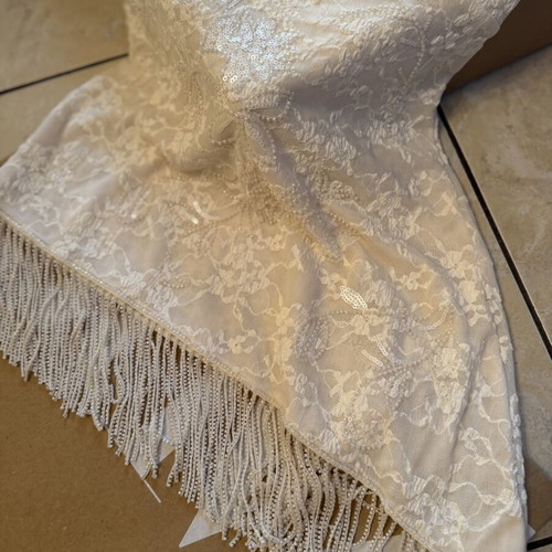 Zara asymmetric beaded lace top and fringe lace skirt set, new, ecru