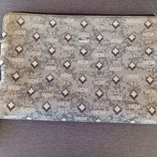 MCM Aren Monogram Jacquard Pouch used, gray charcoal wristlet clutch