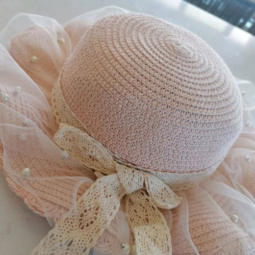 Hat with lace, bow and tulle like new, beige and pink