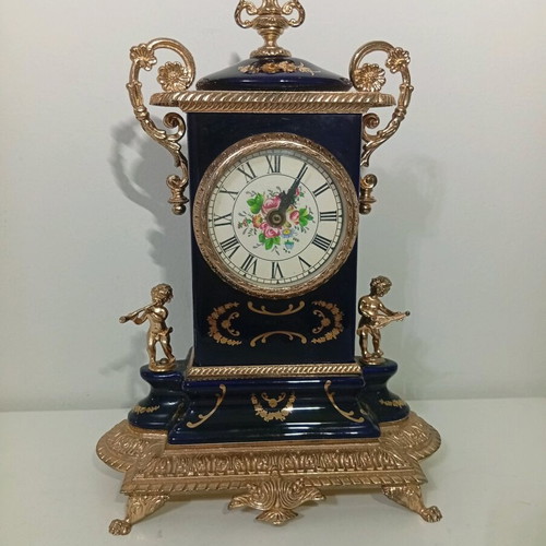 Vintage style brass and cobalt porcelain table clock