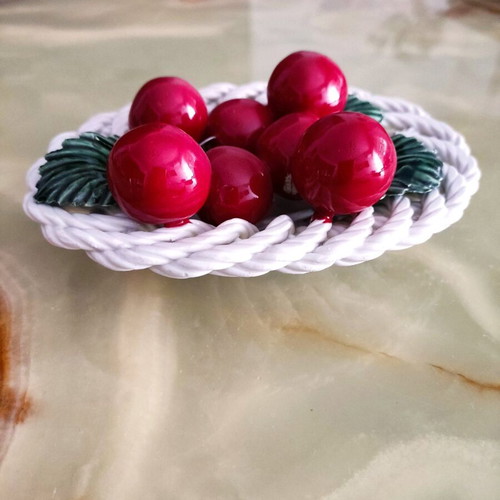 Ceramic bowl with cherries Bassano and wire stem Italy 1960 like new