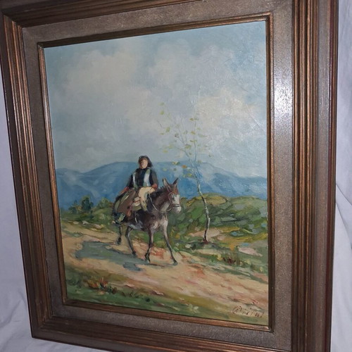 Greek Landscape Oil Painting on Canvas with Donkey Figure like new