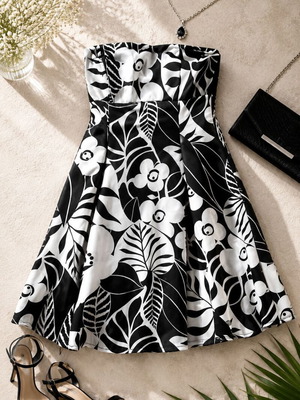 Strapless Dress black and white floral pattern made in Italy like new
