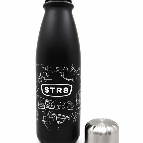 Str8 Metal Water Bottle 500ml Black Matte with Graffiti Design like new