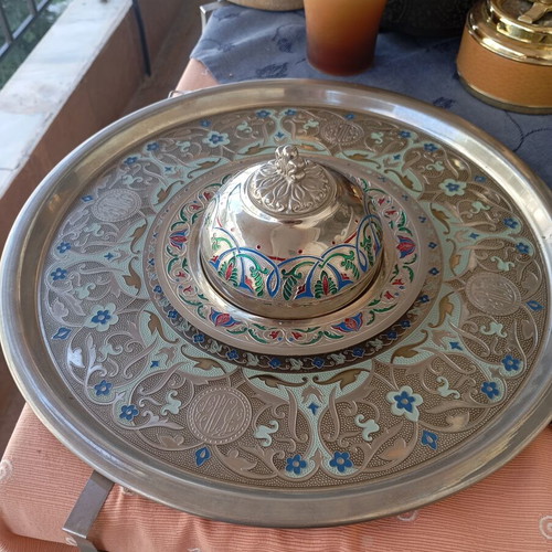 Vintage serving tray and fondue set with cloisonné enamel, like new