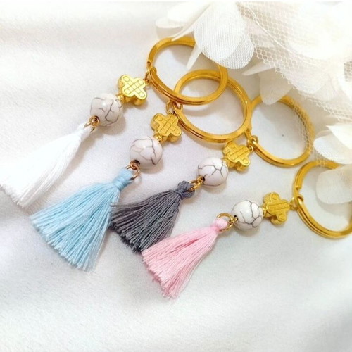 Handmade baptism keychains with Haolite beads made to order