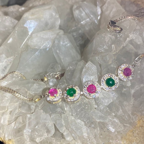 Handmade silver bracelet with natural emerald, ruby and moissanite, new