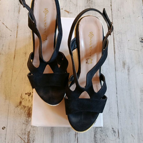 Stefania platform sandals black genuine leather with beige wedge and ankle strap
