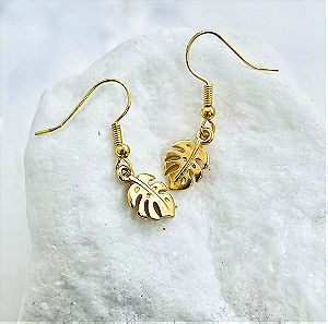 Χρυσά σκουλαρίκια σε σχήμα φυτού μονστέρας, Golden Monstera Earrings for Greek Goddess Aesthetics