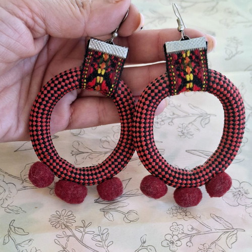 The Curious Cat statement ethnic earrings with fabric and burgundy pom-poms