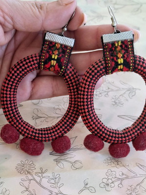 The Curious Cat statement ethnic earrings with fabric and burgundy pom-poms