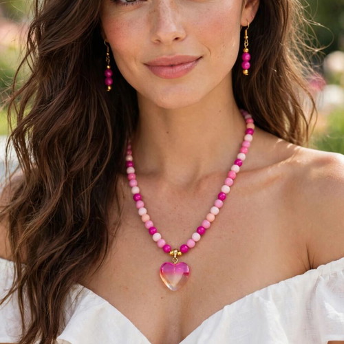 Handmade pink summer necklace and earrings set new