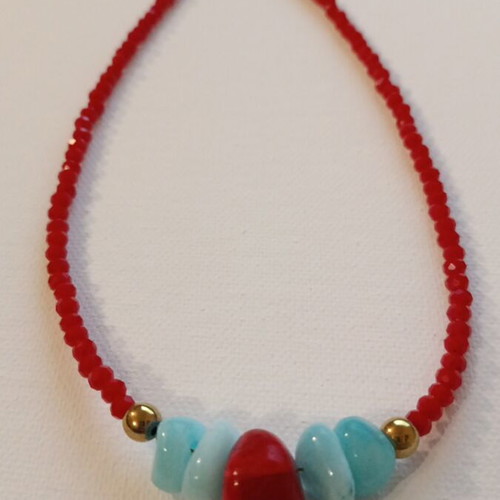 Necklace 8023 new, handmade, red and turquoise